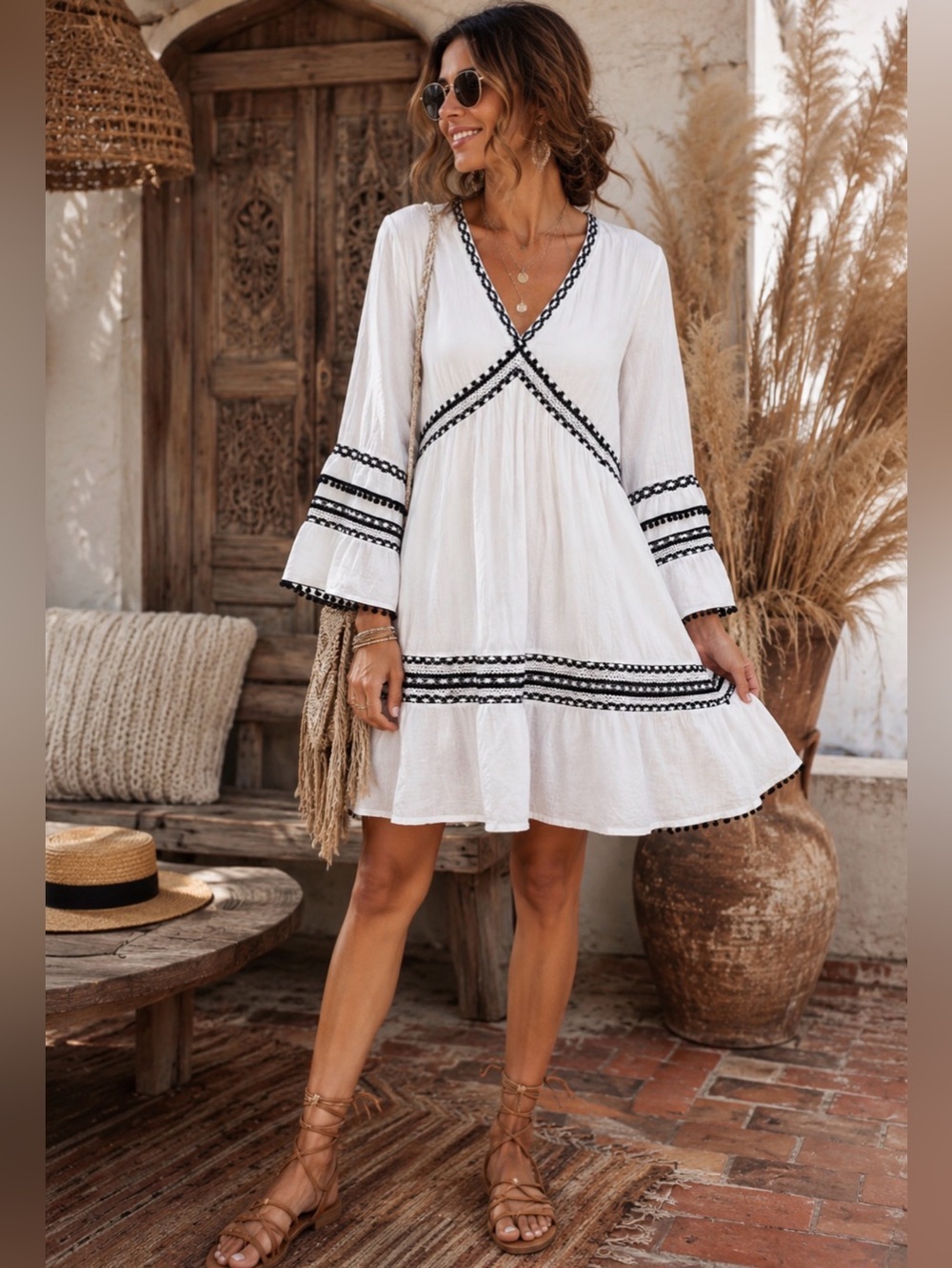 INC International Concepts White Tunic with Black Embroidered Trim
